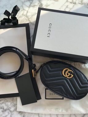 Gucci Black Quilted GG Oval Crossbody Belt Bag with Gold Hardware